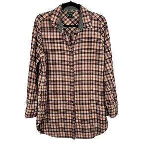 Roots Cabincore Plaid Long Sleeve Cotton Button Down Tunic Shirt Medium Burgundy